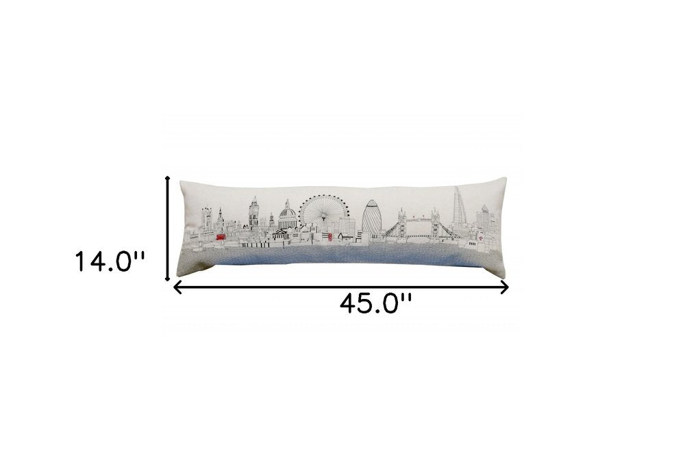 14" X 45" Dark Gray And White London Nighttime Skyline Lumbar Decorative Pillow