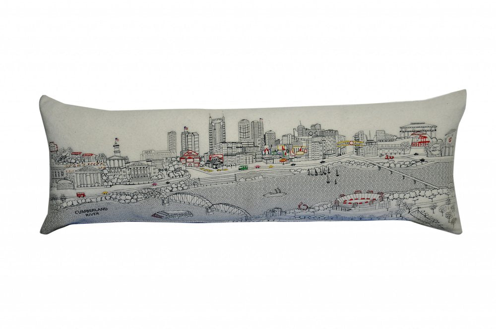 14" X 46" Dark Gray And White Nashville Nighttime Skyline Lumbar Decorative Pillow