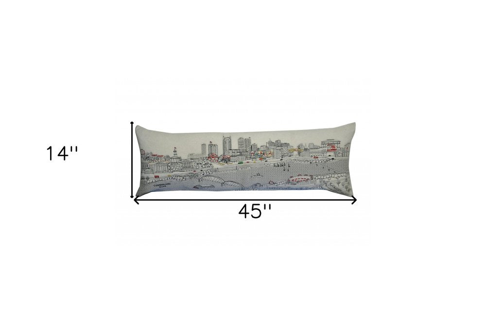 14" X 46" Dark Gray And White Nashville Nighttime Skyline Lumbar Decorative Pillow