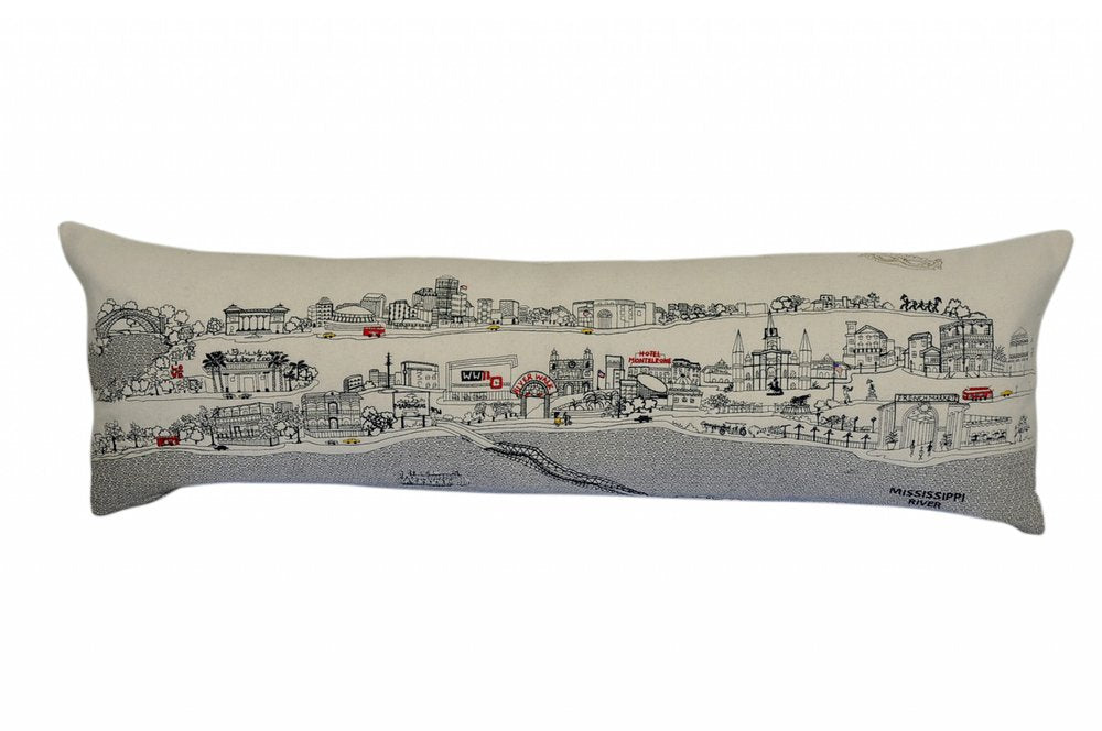 14" X 46" Dark Gray And White New Orleans Nighttime Skyline Lumbar Decorative Pillow