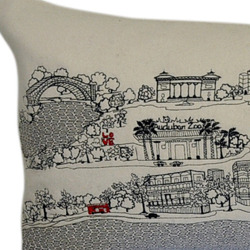 14" X 46" Dark Gray And White New Orleans Nighttime Skyline Lumbar Decorative Pillow