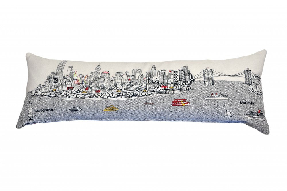14" X 46" Dark Gray And White NYC Nighttime Skyline Lumbar Decorative Pillow