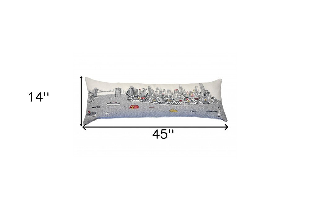 14" X 46" Dark Gray And White NYC Nighttime Skyline Lumbar Decorative Pillow