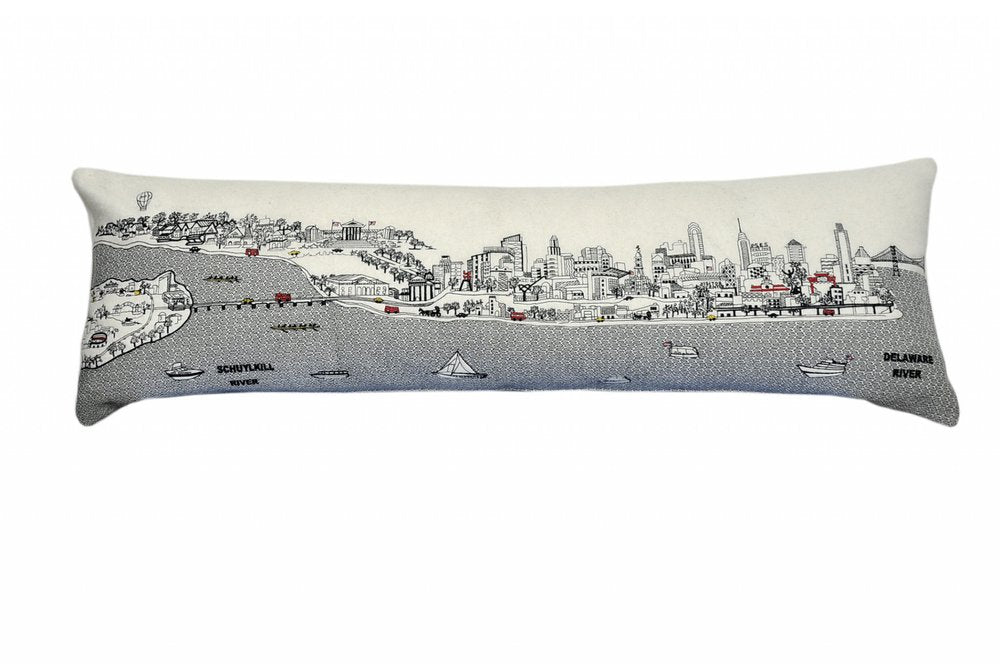 14" X 46" Dark Gray And White Philadelphia Nighttime Skyline Lumbar Decorative Pillow