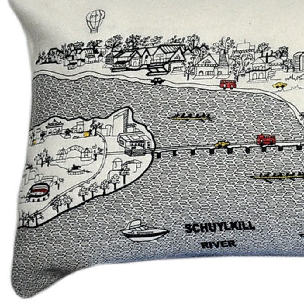 14" X 46" Dark Gray And White Philadelphia Nighttime Skyline Lumbar Decorative Pillow