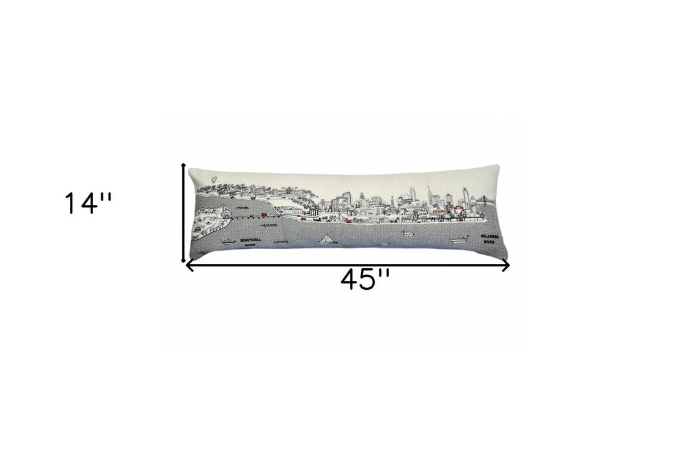 14" X 46" Dark Gray And White Philadelphia Nighttime Skyline Lumbar Decorative Pillow