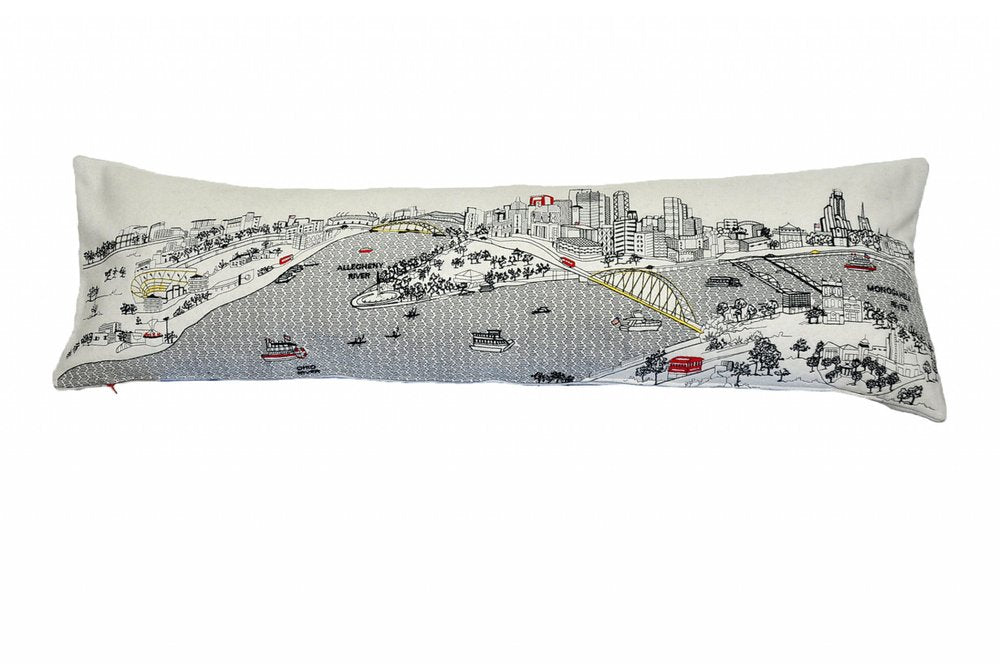 14" X 46" Dark Gray And White Pittsburgh Nighttime Skyline Lumbar Decorative Pillow