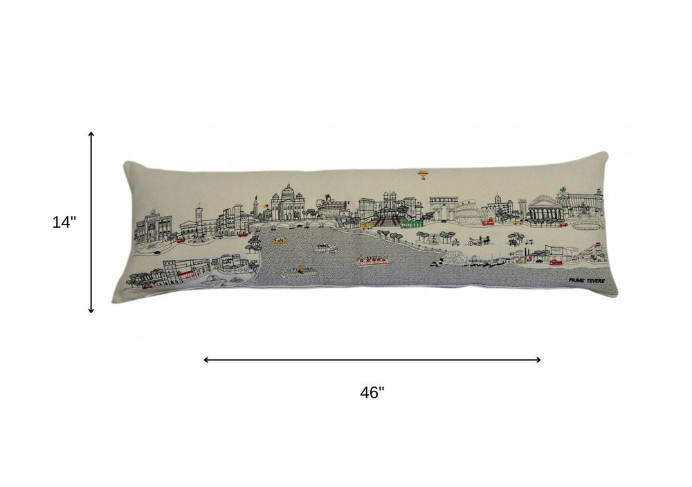 14" X 46" Dark Gray And White Rome Nighttime Skyline Lumbar Decorative Pillow