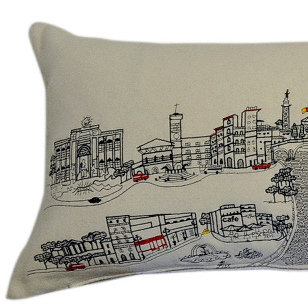 14" X 46" Dark Gray And White Rome Nighttime Skyline Lumbar Decorative Pillow