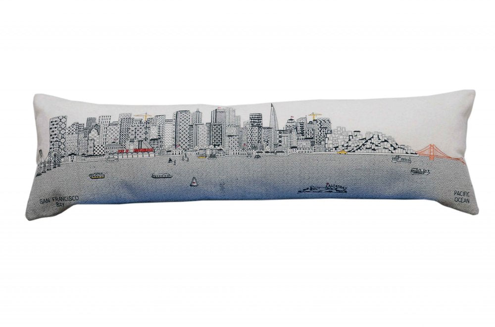 14" X 46" Dark Gray And White San Francisco Nighttime Skyline Lumbar Decorative Pillow