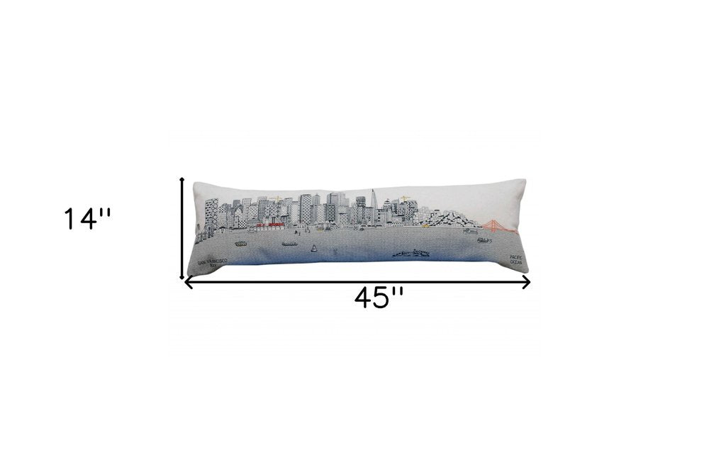 14" X 46" Dark Gray And White San Francisco Nighttime Skyline Lumbar Decorative Pillow