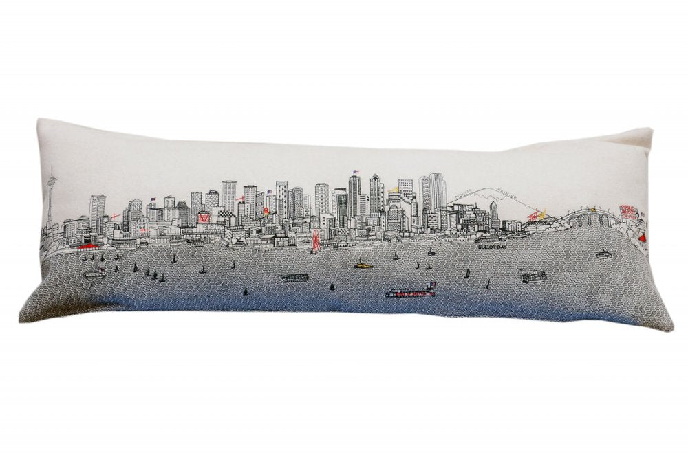 14" X 46" Dark Gray And White Seattle Nighttime Skyline Lumbar Decorative Pillow
