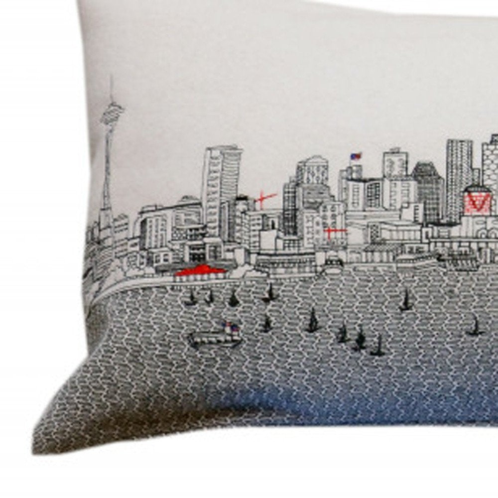 14" X 46" Dark Gray And White Seattle Nighttime Skyline Lumbar Decorative Pillow