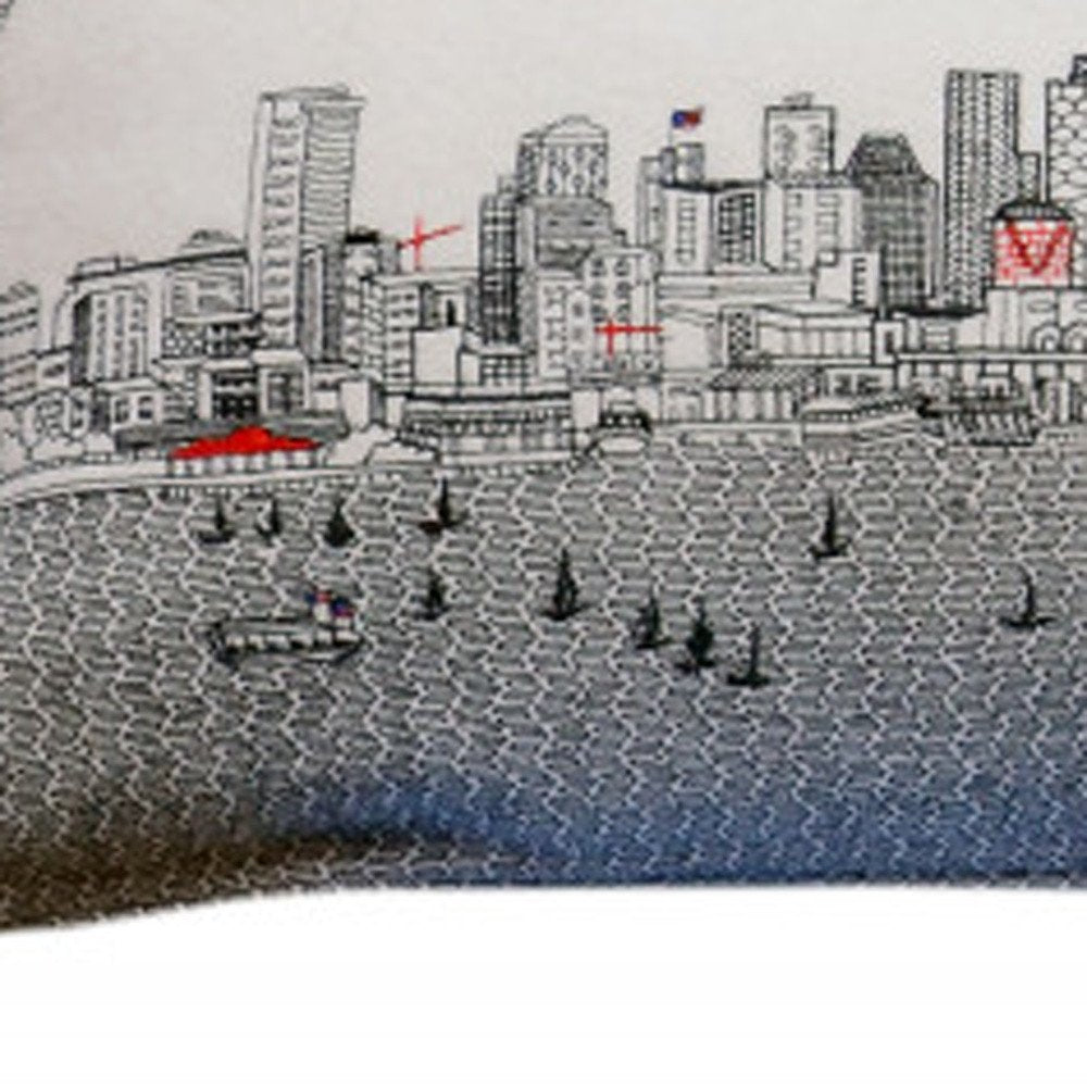 14" X 46" Dark Gray And White Seattle Nighttime Skyline Lumbar Decorative Pillow