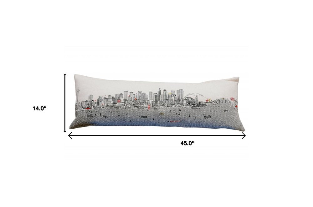14" X 46" Dark Gray And White Seattle Nighttime Skyline Lumbar Decorative Pillow