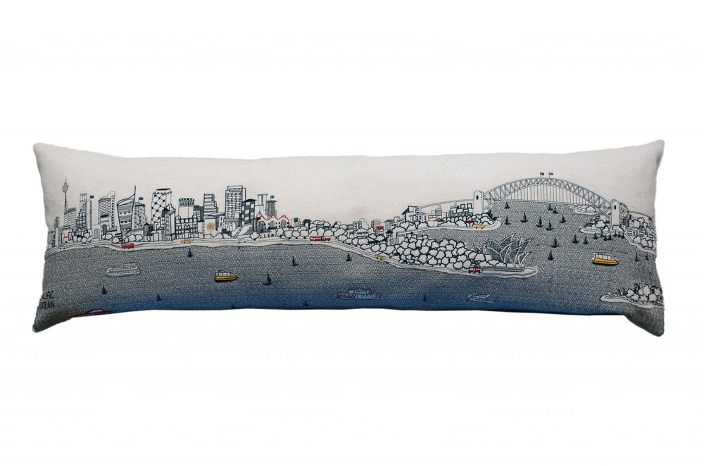 14" X 46" Dark Gray And White Sydney Nighttime Skyline Lumbar Decorative Pillow