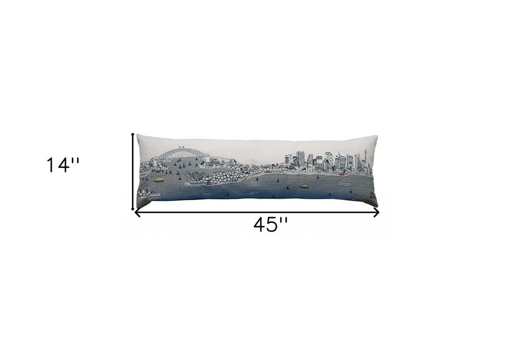 14" X 46" Dark Gray And White Sydney Nighttime Skyline Lumbar Decorative Pillow