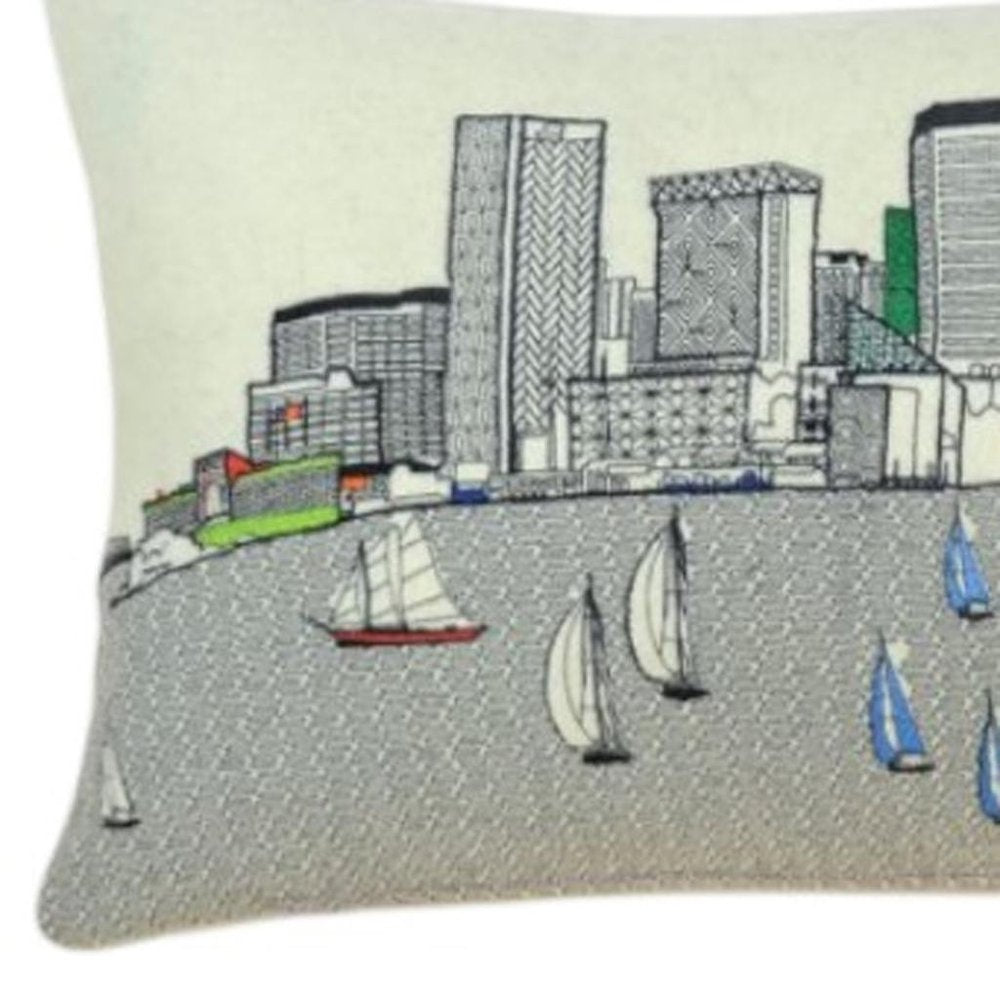 14" X 24" Dark Gray And White Baltimore Nighttime Skyline Lumbar Decorative Pillow