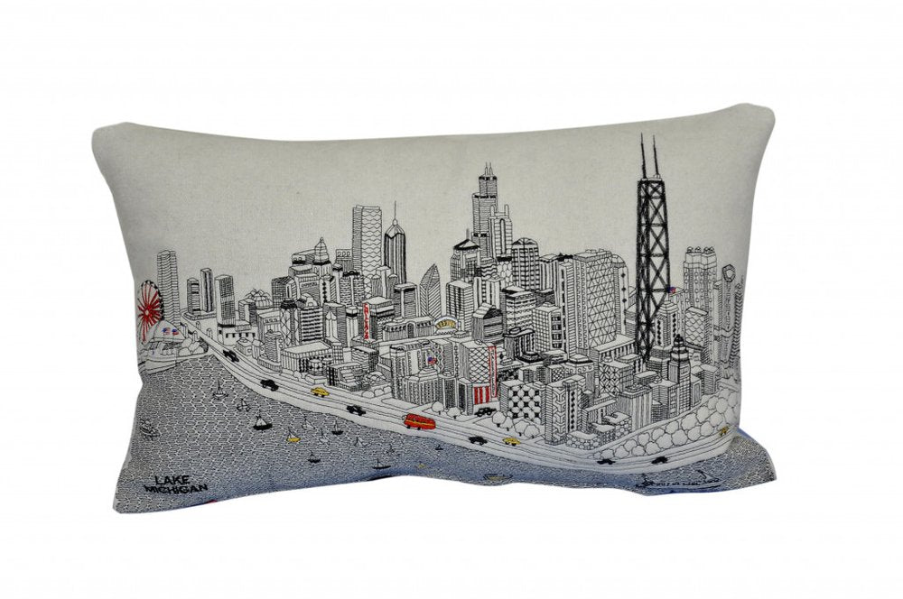 14" X 24" Dark Gray And White Chicago Nighttime Skyline Lumbar Decorative Pillow