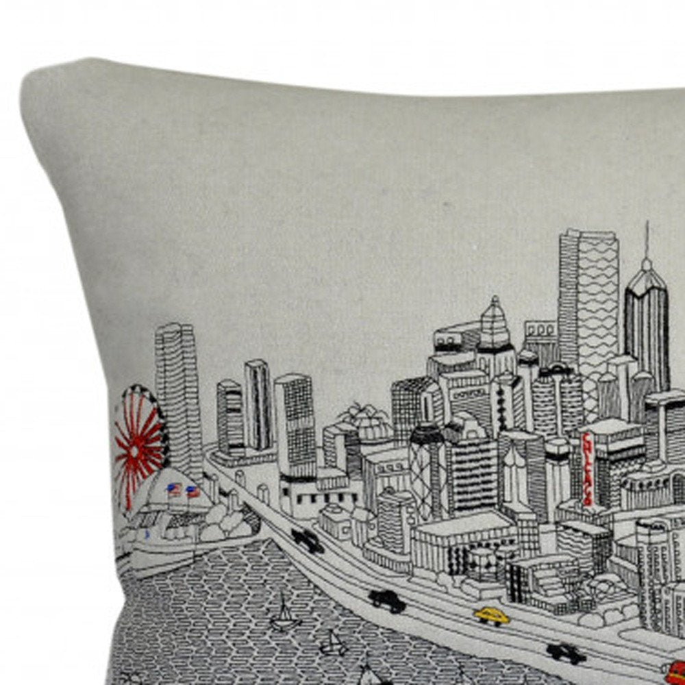 14" X 24" Dark Gray And White Chicago Nighttime Skyline Lumbar Decorative Pillow