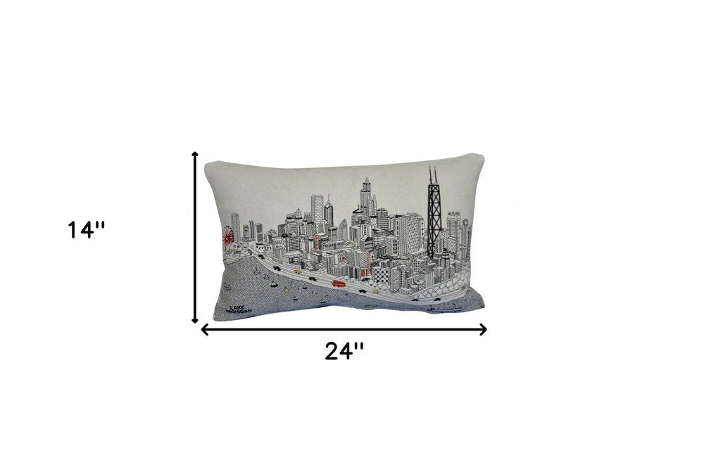 14" X 24" Dark Gray And White Chicago Nighttime Skyline Lumbar Decorative Pillow