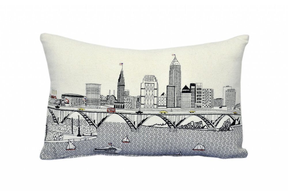 14" X 24" Dark Gray And White Cleveland Nighttime Skyline Lumbar Decorative Pillow