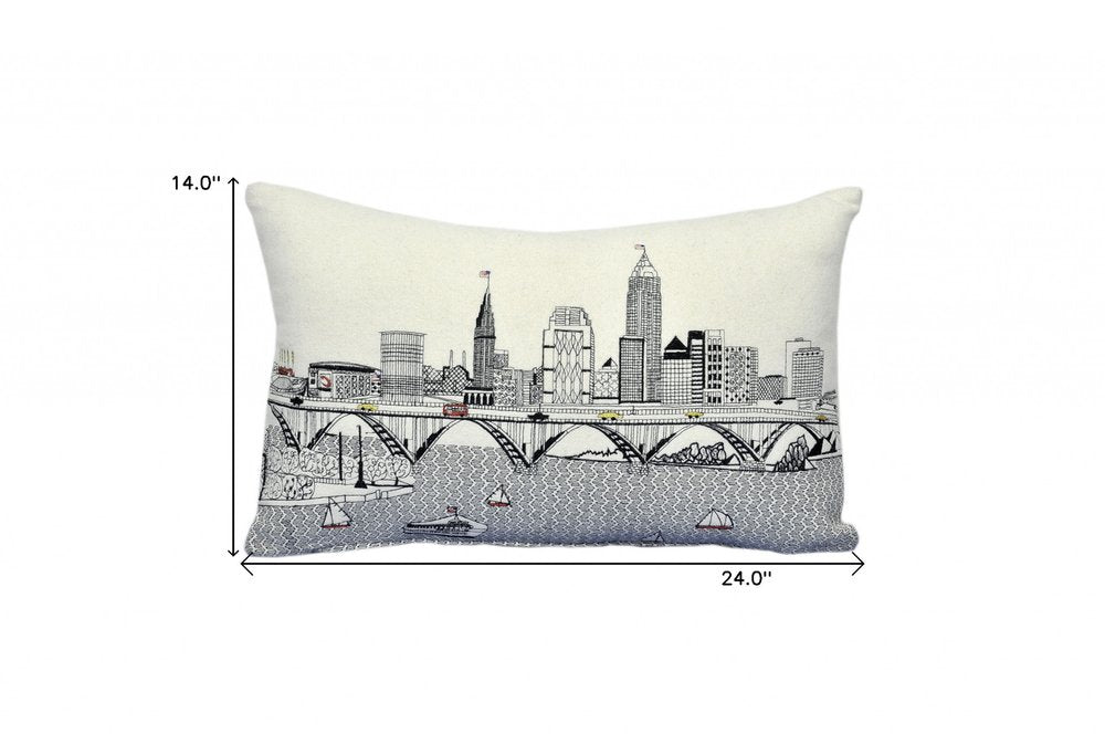 14" X 24" Dark Gray And White Cleveland Nighttime Skyline Lumbar Decorative Pillow