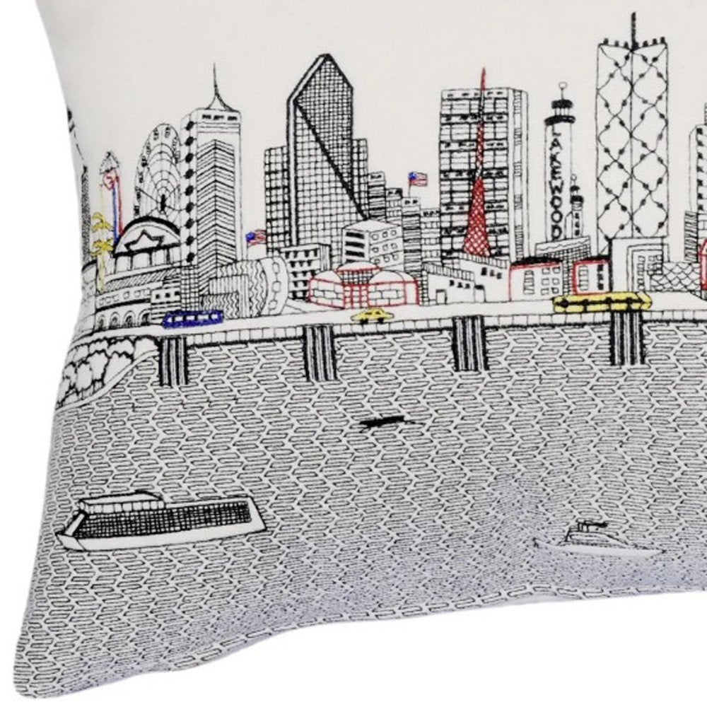 14" X 24" Dark Gray And White Dallas Nighttime Skyline Lumbar Decorative Pillow