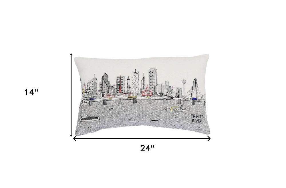 14" X 24" Dark Gray And White Dallas Nighttime Skyline Lumbar Decorative Pillow