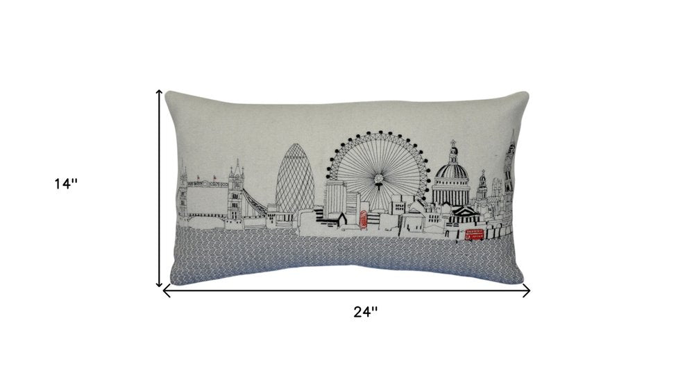 14" X 24" Dark Gray And White London Nighttime Skyline Lumbar Decorative Pillow