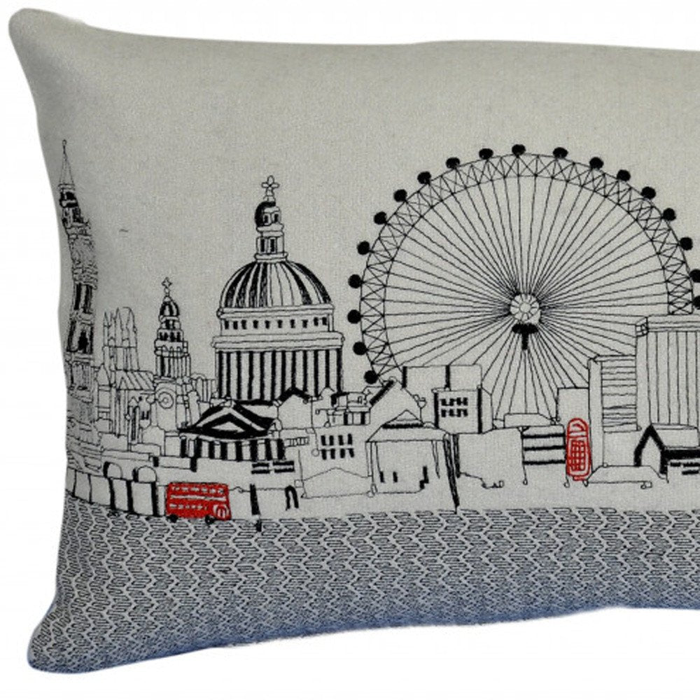 14" X 24" Dark Gray And White London Nighttime Skyline Lumbar Decorative Pillow