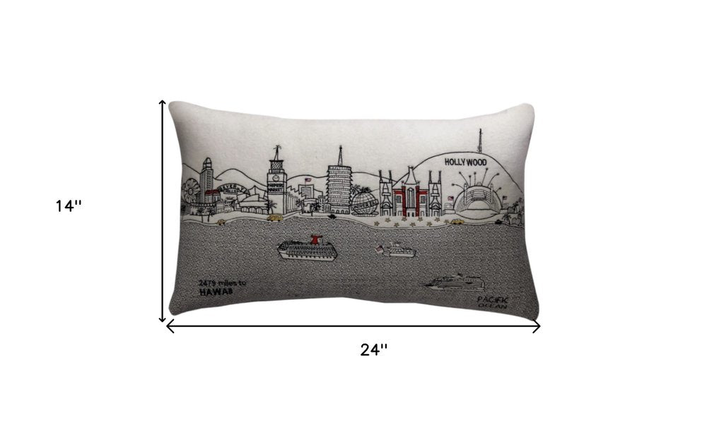 14" X 24" Dark Gray And White Los Angeles Nighttime Skyline Lumbar Decorative Pillow