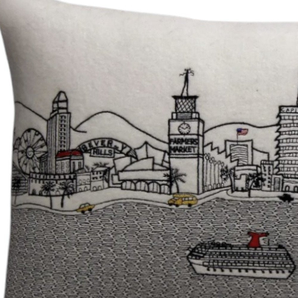 14" X 24" Dark Gray And White Los Angeles Nighttime Skyline Lumbar Decorative Pillow