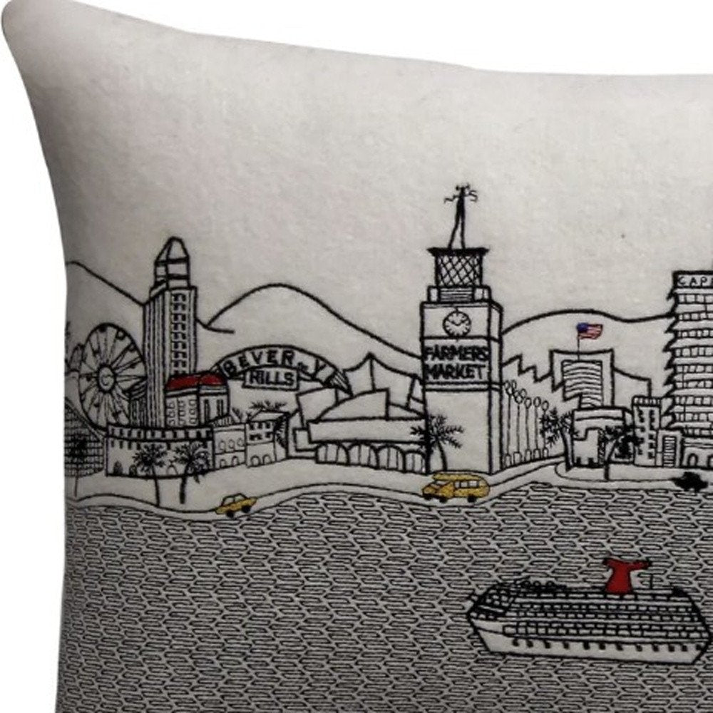 14" X 24" Dark Gray And White Los Angeles Nighttime Skyline Lumbar Decorative Pillow