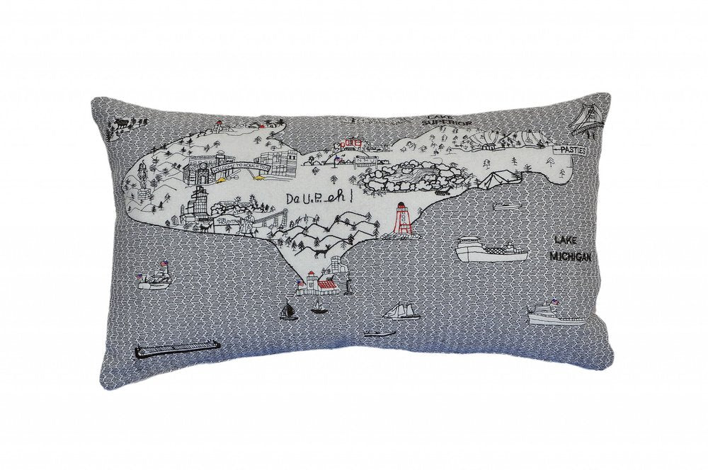14" X 24" Dark Gray And White Michigan Upper Peninsula Nighttime Skyline Lumbar Decorative Pillow
