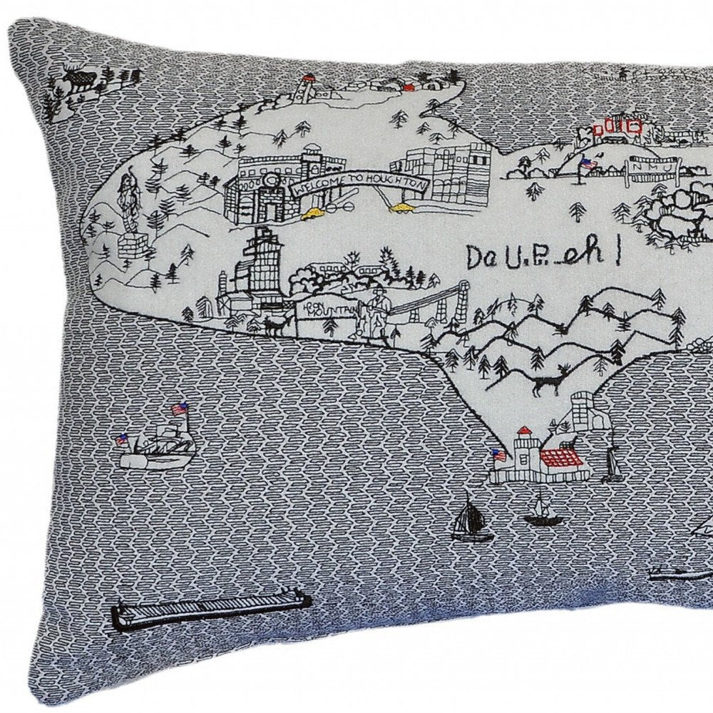 14" X 24" Dark Gray And White Michigan Upper Peninsula Nighttime Skyline Lumbar Decorative Pillow