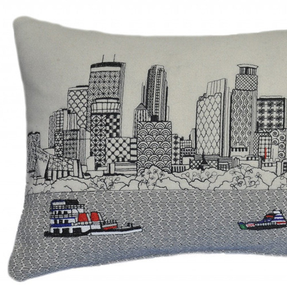14" X 24" Dark Gray And White Minneapolis Nighttime Skyline Lumbar Decorative Pillow