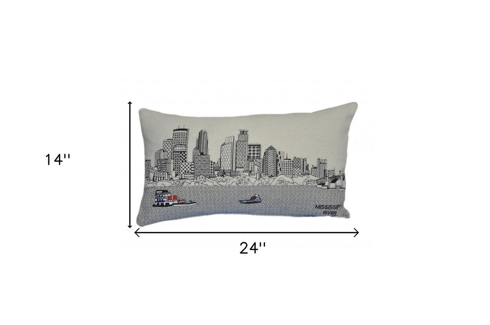 14" X 24" Dark Gray And White Minneapolis Nighttime Skyline Lumbar Decorative Pillow