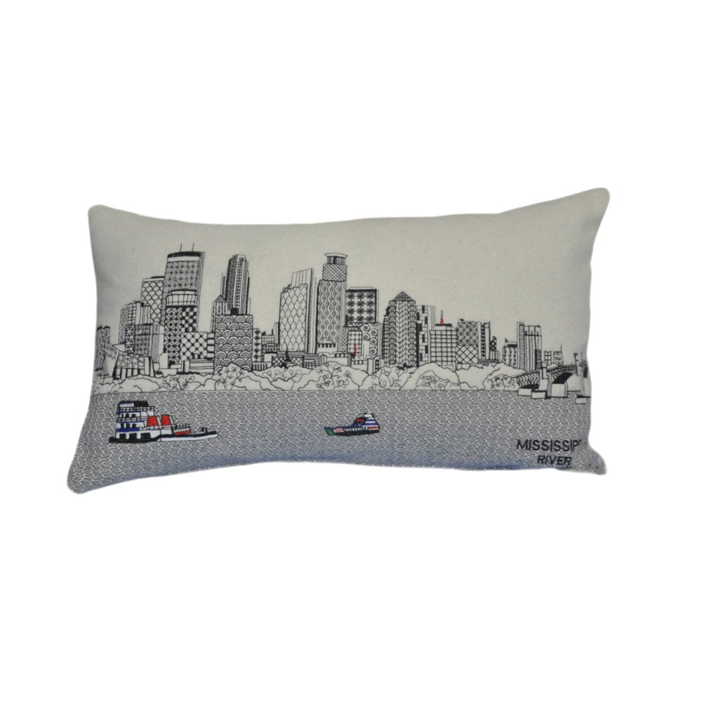 14" X 24" Dark Gray And White Minneapolis Nighttime Skyline Lumbar Decorative Pillow