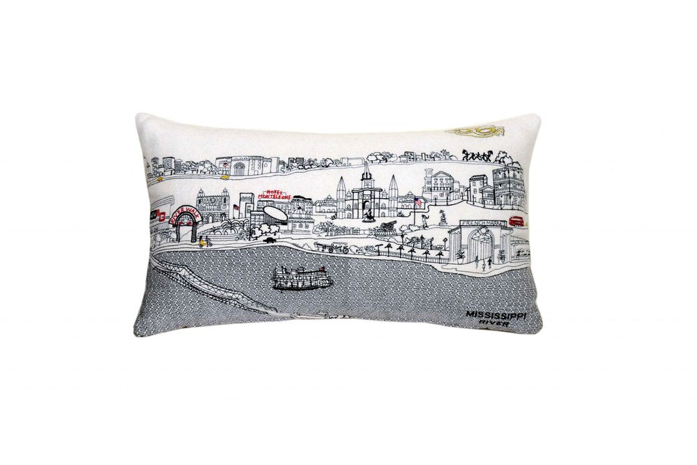 14" X 24" Dark Gray And White New Orleans Nighttime Skyline Lumbar Decorative Pillow