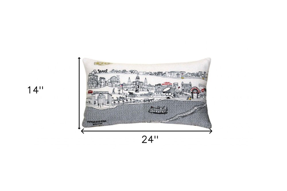14" X 24" Dark Gray And White New Orleans Nighttime Skyline Lumbar Decorative Pillow