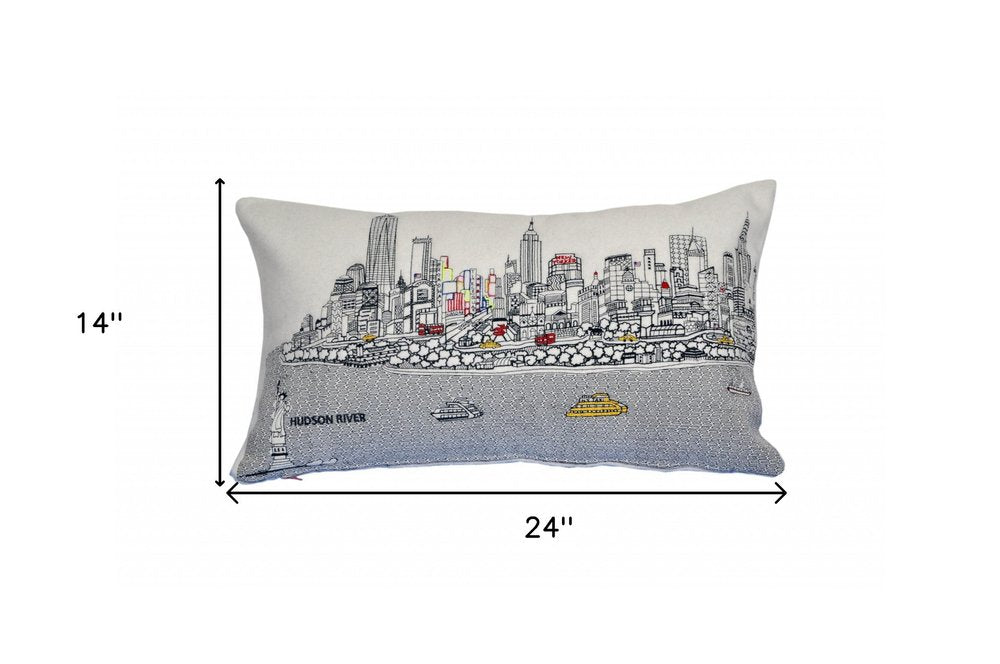 14" X 24" Dark Gray And White NYC Nighttime Skyline Lumbar Decorative Pillow