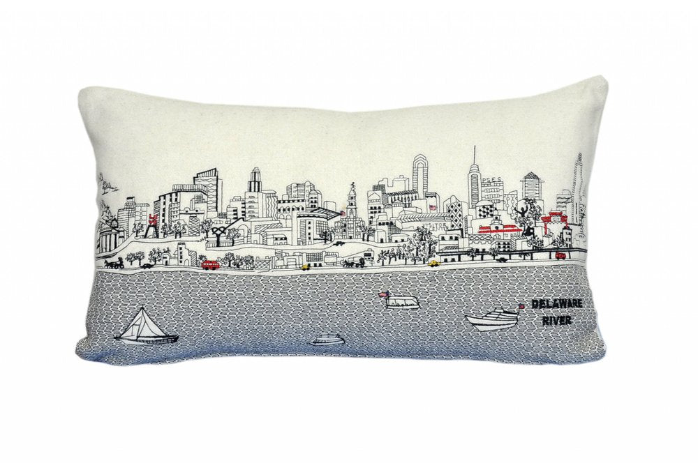 14" X 24" Dark Gray And White Philadelphia Nighttime Skyline Lumbar Decorative Pillow