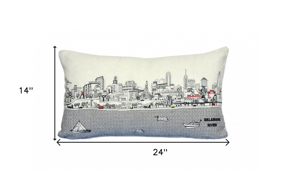 14" X 24" Dark Gray And White Philadelphia Nighttime Skyline Lumbar Decorative Pillow