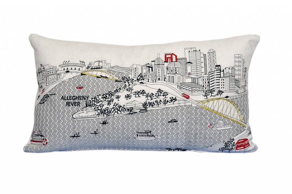 14" X 24" Dark Gray And White Pittsburgh Nighttime Skyline Lumbar Decorative Pillow