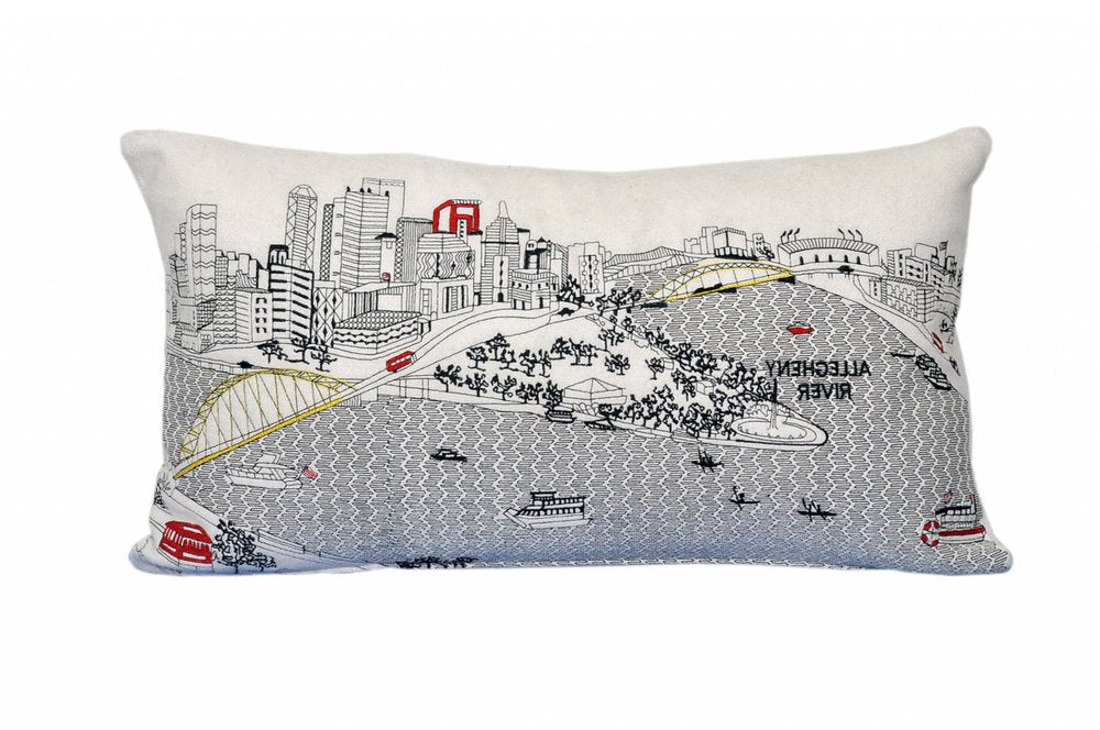 14" X 24" Dark Gray And White Pittsburgh Nighttime Skyline Lumbar Decorative Pillow