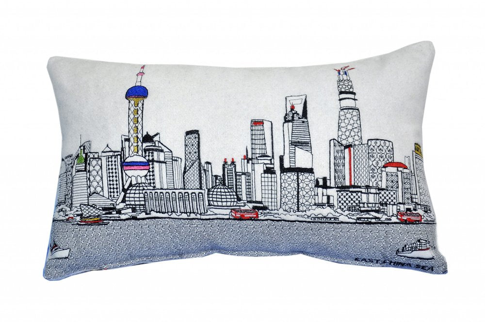 14" X 24" Dark Gray And White Shanghai Nighttime Skyline Lumbar Decorative Pillow