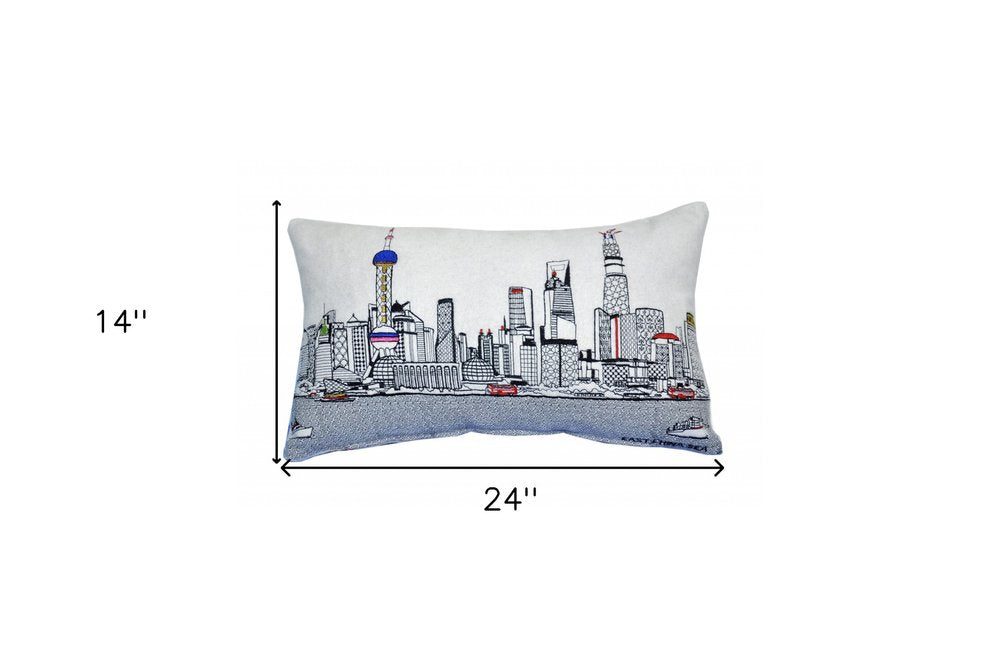 14" X 24" Dark Gray And White Shanghai Nighttime Skyline Lumbar Decorative Pillow