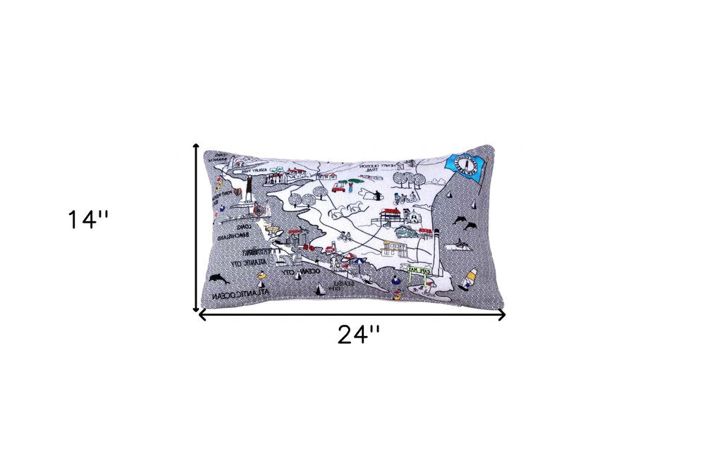 14" X 25" Dark Gray And White Lumbar Jersey Shore Nighttime Skyline Lumbar Decorative Pillow