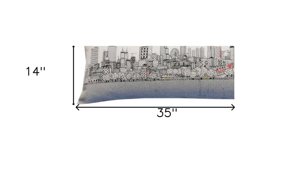 14" X 35" Dark Gray And White Atlanta Nighttime Skyline Lumbar Decorative Pillow
